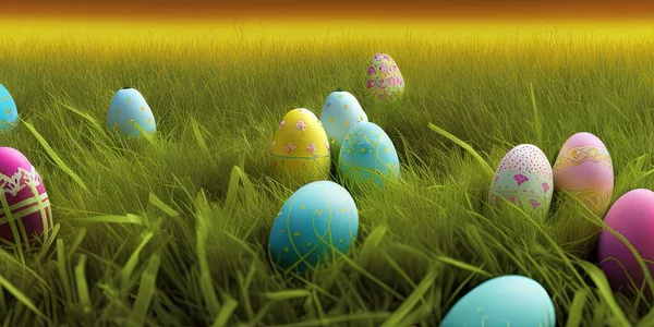 Easter background with decorated Easter on a green meadow in the spring season. Concept for Easter holiday. banner