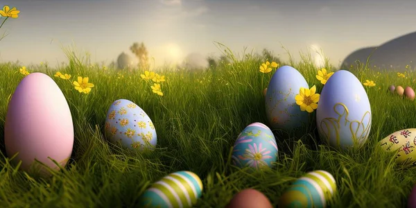 Easter background with decorated Easter on a green meadow in the spring season. Concept for Easter holiday. banner
