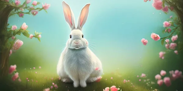 Cute little rabbit for easter spring holiday, spring holiday banner illustration. Nice rabbit sitting on the meadow grass grass. spring flower meadow