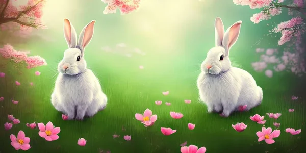 Cute little rabbit for easter spring holiday, spring holiday banner illustration. Nice rabbit sitting on the meadow grass grass. spring flower meadow
