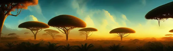 wild savanna landscape banner. Savannah, African wildlife with acacia trees, grass, sand. Africa landscape, African acacia tree