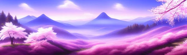 spring background in cartoon style. Pink and purple sakura, cherry, magnolia in bloom. Asian horizontal landscape with lake, hills, trees and flowers. Banner with copy space.