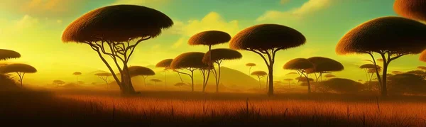 wild savanna landscape banner. Savannah, African wildlife with acacia trees, grass, sand. Africa landscape, African acacia tree