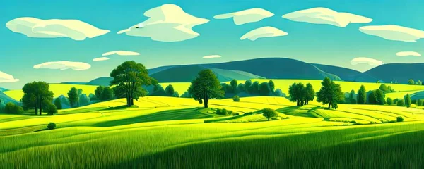 Spring background. Green meadow, trees. Cartoon illustration of beautiful summer valley landscape with blue sky. green hills. Spring meadow with big tree with fresh green leaves.