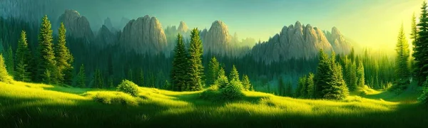 Panoramic view of big mountains, beautiful green meadows with coniferous trees. Flat cartoon landscape with nature. Summer spring landscape. Travel posters. Natural park forest outdoor background