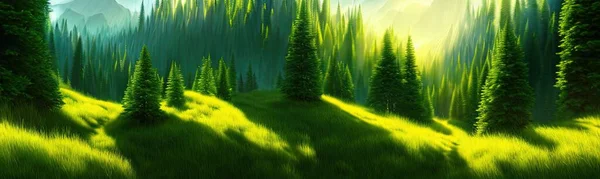 Panoramic view of big mountains, beautiful green meadows with coniferous trees. Flat cartoon landscape with nature. Summer spring landscape. Travel posters. Natural park forest outdoor background