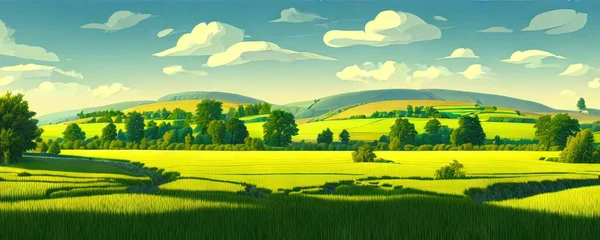 Spring background. Green meadow, trees. Cartoon illustration of beautiful summer valley landscape with blue sky. green hills. Spring meadow with big tree with fresh green leaves.