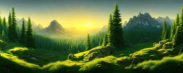 Spruce trees forest summer background against the backdrop of a mountain range in the morning golden hour with sun rays, panorama of wildlife forest in the Green Valley with blue sky