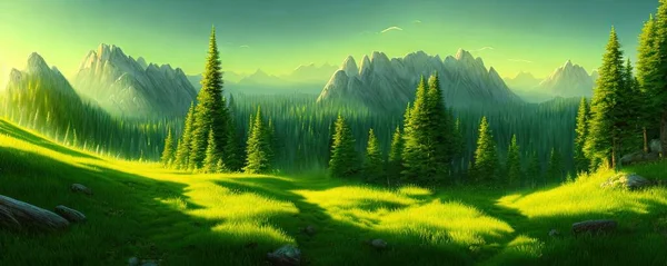 Spruce trees forest summer background against the backdrop of a mountain range in the morning golden hour with sun rays, panorama of wildlife forest in the Green Valley with blue sky