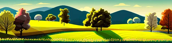 Spring green fields landscape with mountain and trees, blue sky cloud, panorama of peaceful rural nature in spring with green grassy ground. Cartoon vector illustration for spring and summer banner