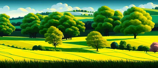 Summer landscape with meadow and trees , green grass . Vector cartoon illustration of a scene with trees, bushes, stones and sunlight. Spring woodland or nature park panorama