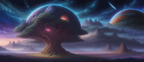 Surreal landscape with a tree and moons in the background. Giant floating. Abstract fantastic landscape. Transition to another world. Astrology Astronomy Earth Outer Space Solar System
