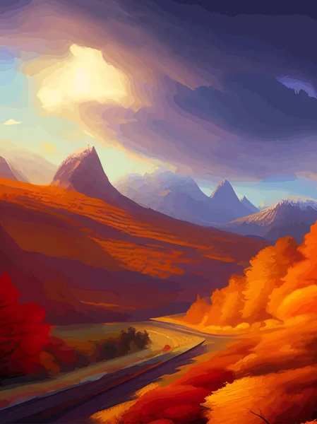Autumn landscape forest trees with sun in the morning, vector cartoon panoramic mid autumn fields, mountains, leaves falling from trees in orange foliage. vertical season poster
