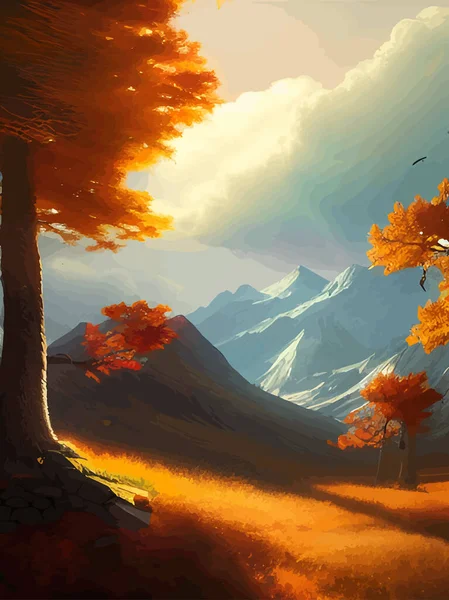Autumn landscape forest trees with sun in the morning, vector cartoon panoramic mid autumn fields, mountains, leaves falling from trees in orange foliage. vertical season poster