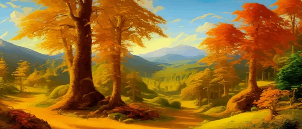 Autumn forest landscape. Colorful vector illustration autumn season. Red yellow trees. Beautiful leaves, pines. minimum elegant flat landscape. Artistic natural landscapes. Vintage pastel colors.
