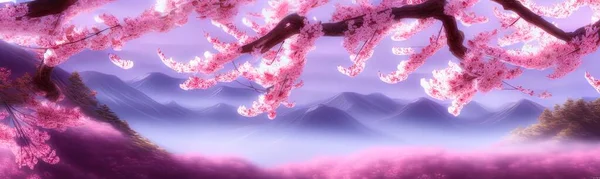 spring background in cartoon style. Pink and purple sakura, cherry, magnolia in bloom. Asian horizontal landscape with lake, hills, trees and flowers. Banner with copy space.