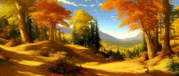 Autumn forest landscape. Colorful vector illustration autumn season. Red yellow trees. Beautiful leaves, pines. minimum elegant flat landscape. Artistic natural landscapes. Vintage pastel colors.