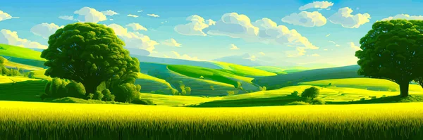 Green field, tree and blue sky. Great background, web banner. Electrical illustration Spring background. Green meadow, trees. Cartoon illustration beautiful summer landscape valley with blue sky