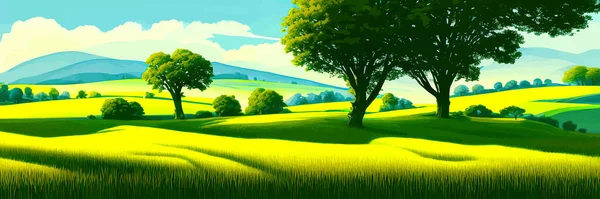 Green field, tree and blue sky. Great background, web banner. Electrical illustration Spring background. Green meadow, trees. Cartoon illustration beautiful summer landscape valley with blue sky