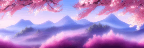 Japanese landscape with sakura trees against the backdrop of mountains and a volcano. beautiful fantasy landscape. vector banner illustration