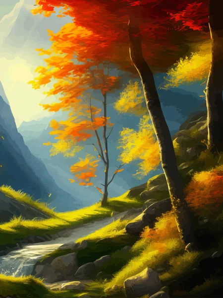 Colorful autumn landscape. Autumn season with red majestic mountains. Beautiful outdoor landscape painting. Scenic view nature with trees pines. Colorful pastel painting foggy day vector illustration