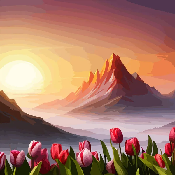 Spring landscape field tulips against backdrop mountains. Huge field colorful tulips, sky with clouds and sunset with sunbeams. Behind field is a mountain range. Spring vector illustration.