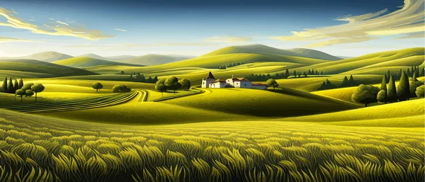 Italy landscape with houses, fields, and trees in the background. Vector illustration. Flat design poster. European summer village.