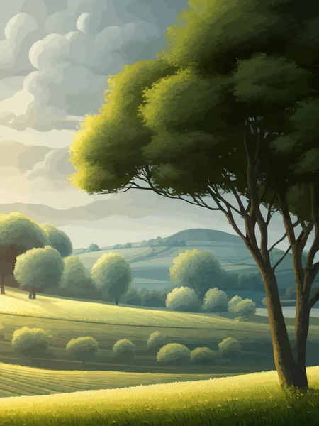 Vector illustration rural landscape with green fields. Vertical poster sunny summer day countryside. beautiful green meadows with coniferous trees. Flat cartoon landscape with nature. spring landscape