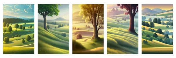 Vector illustration rural landscape with green fields. Vertical poster sunny summer day countryside. beautiful green meadows with coniferous trees. Flat cartoon landscape with nature. spring landscape
