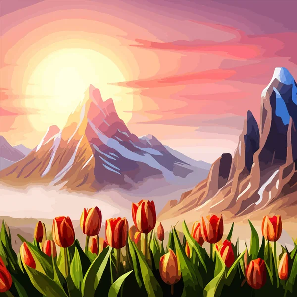 Spring landscape field tulips against backdrop mountains. Huge field colorful tulips, sky with clouds and sunset with sunbeams. Behind field is a mountain range. Spring vector illustration.