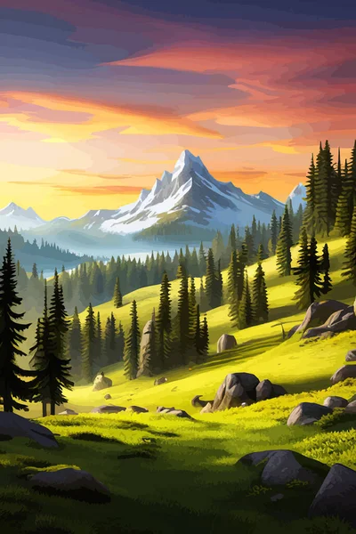 landscape of mountains and green hills. Summer nature landscape with rocks, forest, grass, sun, sky and clouds. National park or reserve. Vector illustration in flat style