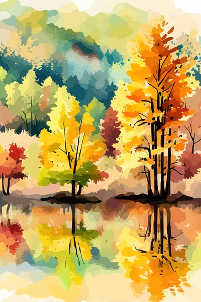 Watercolor landscape. Autumn forest on the lake shore vector illustration autumnal trees on the shore of calm forest lake or pond at sunny fall day