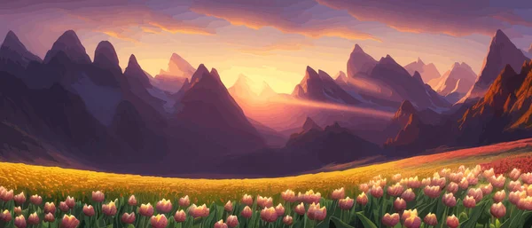 field of tulips against the backdrop of mountains. Spring banner vector illustration. huge field of colorful tulips.