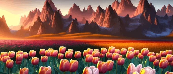 field of tulips against the backdrop of mountains. Spring banner vector illustration. huge field of colorful tulips.