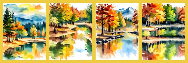 Watercolor landscape. Autumn forest on the lake shore vector illustration autumnal trees on the shore of calm forest lake or pond at sunny fall day