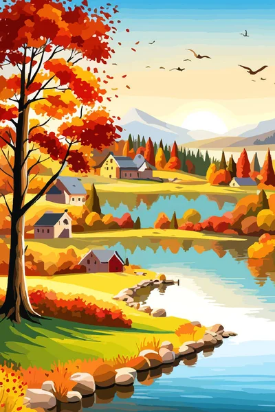 Beautiful autumn daytime landscape of a lake with mountains, trees and autumn leaves, firs, meadows, grass, sky, clouds in a flat, vertical format
