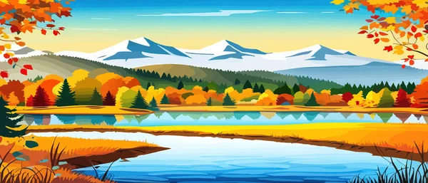 Autumn landscape with trees, mountains, fields, leaves. Rural landscape. Autumn background. Vector illustration horizontal banner autumn landscape mountains and maple trees fallen with yellow foliage