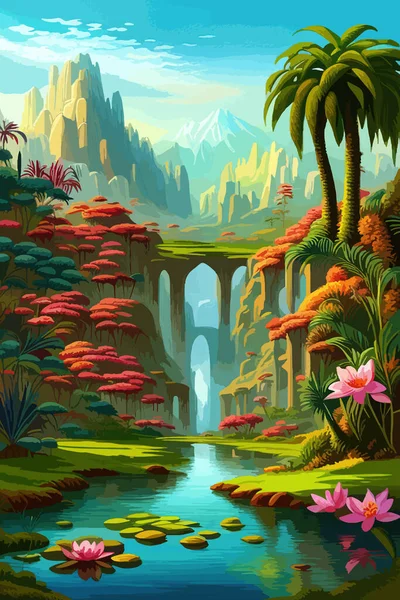 Waterfall painting with beautiful scenery. Landscape with trees, rocks and waterfalls. Beautiful picture of nature.