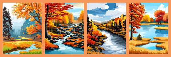 Beautiful autumn daytime landscape of a lake with mountains, trees and autumn leaves, river flows near the autumn trees with yellow leaves near the mountains. autumn landscape.