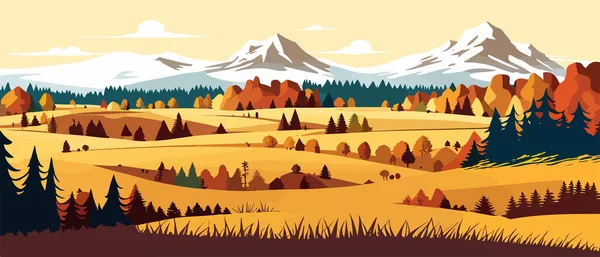 Autumn landscape with trees, mountains, fields, leaves. Countryside landscape. Autumn background. Vector illustration