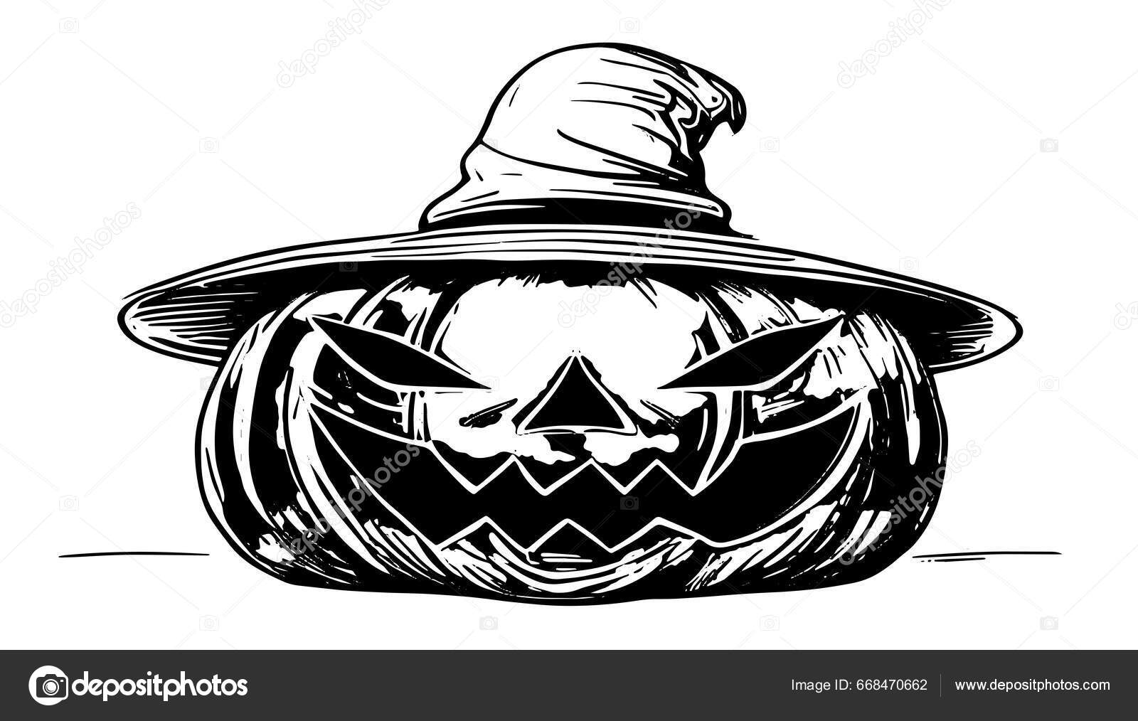 Desenhe Abóbora Cara Com Gorro Halloween Abóbora Desenho Assustador Jack  imagem vetorial de levchishinae© 668470736