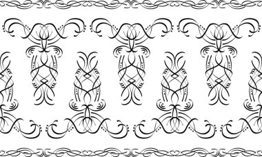 Eski bir model. Barok tarzında eski duvar kâğıdı. Kusursuz vektör arkaplanı. Kumaş, duvar kağıdı ve ambalaj için doğrusal süs. Zengin bir düğün süsü. Kenarlık, Çerçeve