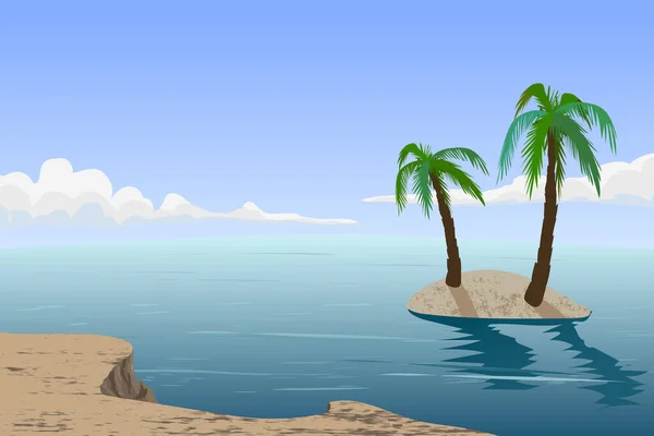 Cartoon vector landscape background. Ocean , sea with palm tree on the island. Simple drawing