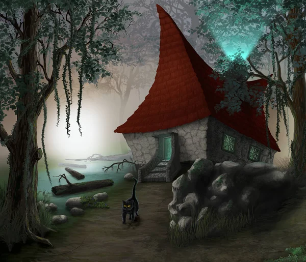 House of witch on swamp in the forest. game location. Detailed illustration with npc black cat