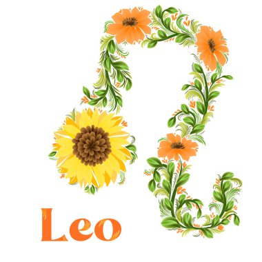 Leo! Zodiac işareti vektör şeklinde biçimlendirildi. Petrikovka, çiçekler.