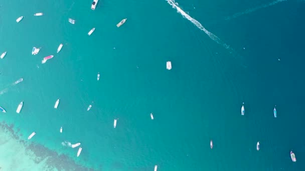 カラフルなタイの伝統的なロングテールボートの空中トップダウンドローンビューは Phi島で透明な青い海の水と桟橋で1行に駐車4K — ストック動画