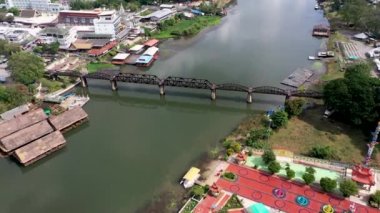 Drone over River Kwai, Drone shot over River Kwai and bridge in Kanchanaburi, Thailand.