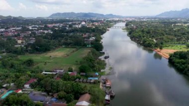 Drone footage over the Kwai river in Kanchanaburi Thailand.