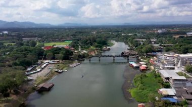 drone shot of Bridge on the River Kwai aerial view Kanchanaburi Thailand.