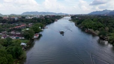 Aerial view of calm Kwai river in Kanchanaburi, Thailand.